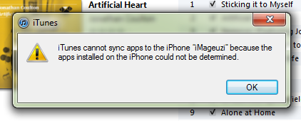 iTunes cannot sync apps to the iPhone because the apps installed on the iPhone could not be determined.